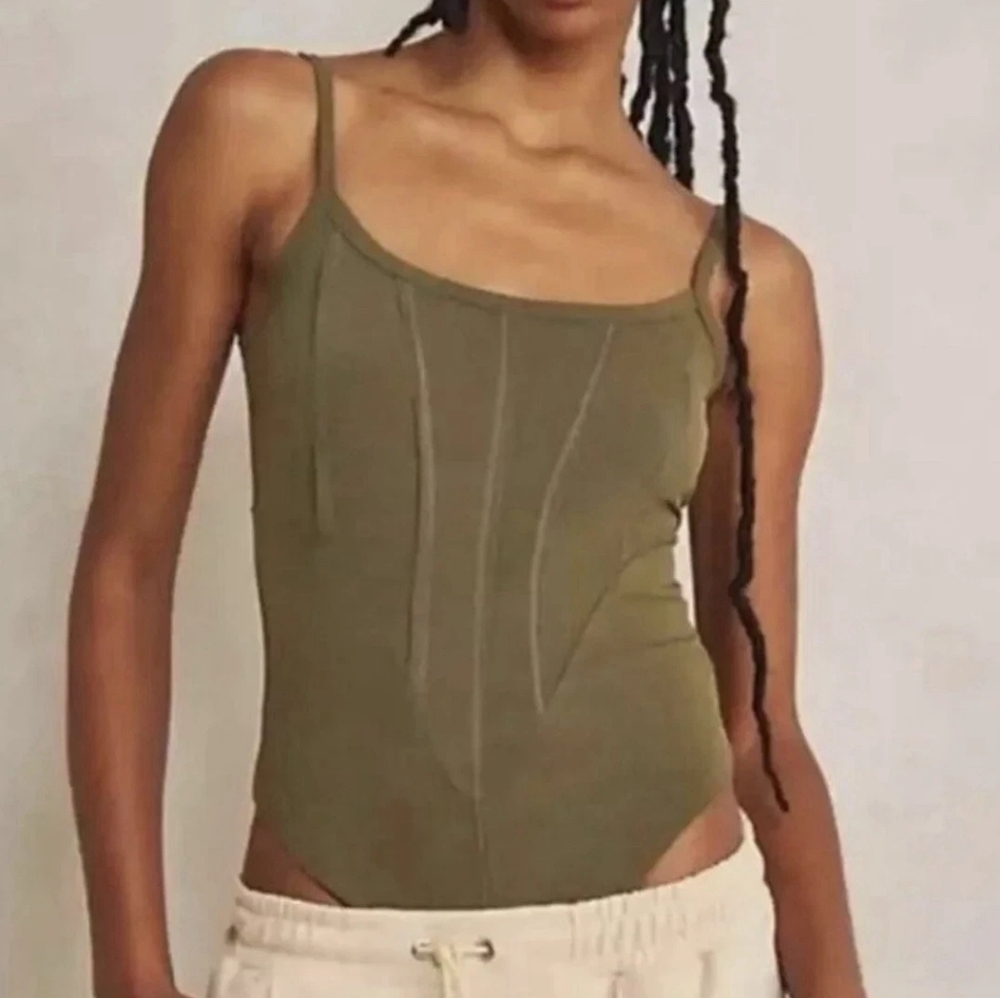 Free People Intimately Sateen Ribbed Olive Green Body Suit Size Small